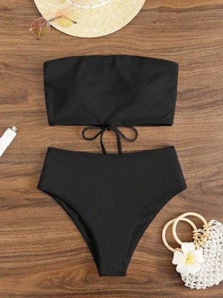 Swim Mod Black Bandeau Bikini High Waisted Thong Cover Ups Swimwear Summer Beach Vacation Women's Two-Piece Set