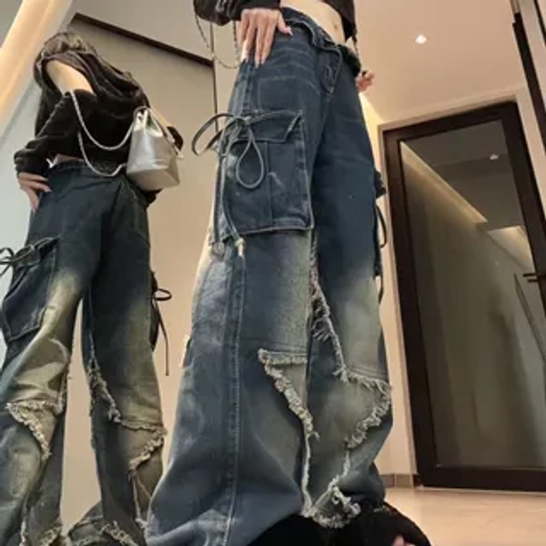 Low Waist Fringed Loose Fit Cargo Jeans