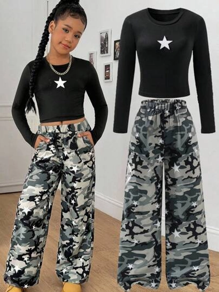 2pcs/Set Girls' Casual Pink Round Neck Long Sleeve T-Shirt & Pink Camouflage Pants, Street Fashion Outfit Fall Winter
