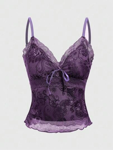 ROMWE Fairycore Women's Spaghetti Strap Contrast Lace Tie-Front Paisley Print Camisole Top