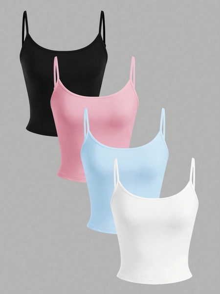 SHEIN EZwear 4pcs/Set Women's Black, Pink, Blue, White Cropped Tight Fit Casual Tank Tops, Suitable For Summer Back To School