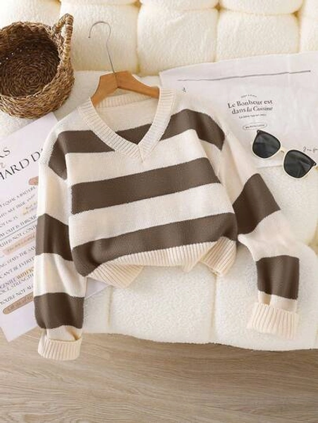 SHEIN Tween Girls Sweaters 1 Piece Girls' Chic Striped Knit Sweater - Black & White Contrast V-Neck Long Sleeve Cropped Pullover, Thick Textured Knit For Sporty & Street Style, Versatile Schoolwear For Spring/Fall Winter