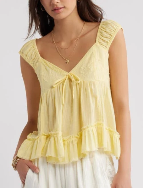 BP. Cap Sleeve Cotton Babydoll Top in Yellow Begonia at Nordstrom, Size X-Small