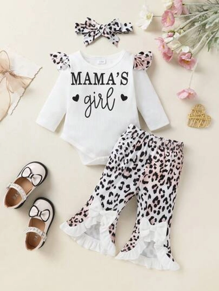 3pcs Set Casual Elegant Sweet Cute Baby Girl Outfit, Soft & Comfortable, Letter Heart Print Ruffle Trim Knit Bodysuit And Leopard Print Flared Pants