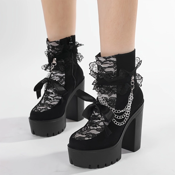 GDGYDH Women's Chunky Platform Boots - Gothic Vintage ankle boots with Lace-like side zipper, Chunky heels for Dresses, Parties, Everyday - All-Season Gothic footwear (Black/Chain accented), Party Shoes, Floral Pattern Footwear, Durable Sole Shoes, Pu Cover Footwear, Sturdy Construction, Alternative Fashion