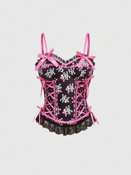 ROMWE Kawaii Spring/Summer Y2K Sexy Cropped Lace Patchwork Bow Polka Dot & Skull Print Camisole Top - Size M