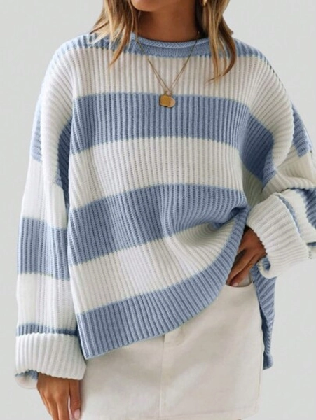 Women Contrast Color Stripe Batwing Loose Sweater,Three Quarter Sleeve Tops