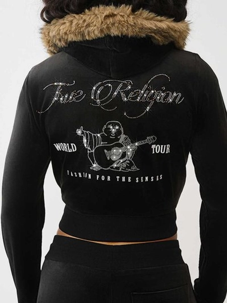 VELOUR FAUX FUR SHRUNKEN ZIP HOODIE