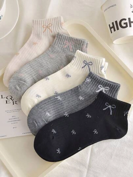 5/10 Pairs Women's Bow Pattern Shallow Mouth Short Socks, Fashion Versatile, Simple & Comfortable, Soft & Breathable, Suitable For Daily Use, Spring/Summer/Autumn