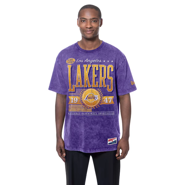 Men's Los Angeles Lakers  New Era Purple Oversized Throwback Collection Mineral Wash T-Shirt