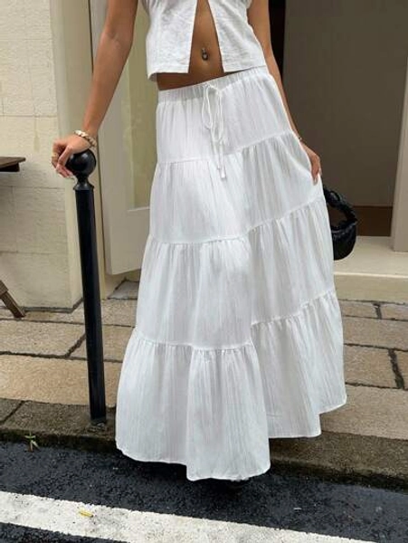 MainGRL Women's Casual Vacation Multi-Layer Cake Skirt, Suitable For Summer White Boho Maxi Skirt Suitable For Going Out Chic Dress