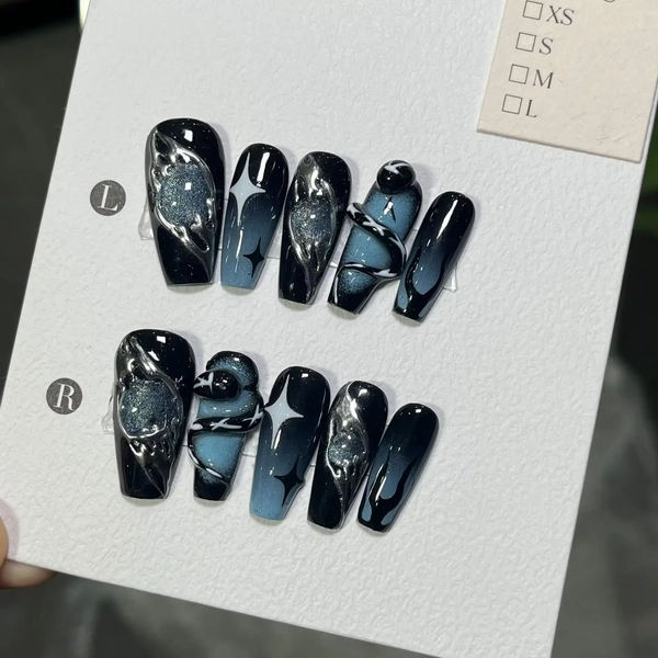 10Pc Blue Black Gradient Cat Eye Long Press On Nails Cool Hot Fake Nails 3D Snake Charms Design Artifical Coffin False Nail Tips - AliExpress 