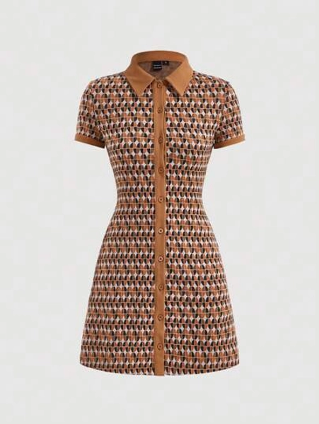 SHEIN MOD Allover Print Center Front Button Up Placket Lapel Dress