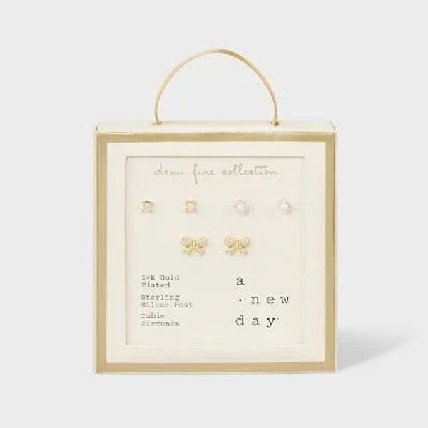 A New Day 14K Gold Plated Simulated Pearl Round Cubic Zirconia Bow Stud Earring Set