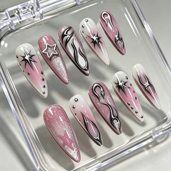 10 pieces of hand pressed almond shaped nails, beautiful fake nails, black pink gradient silver flame stars, suitable for women - AliExpress 