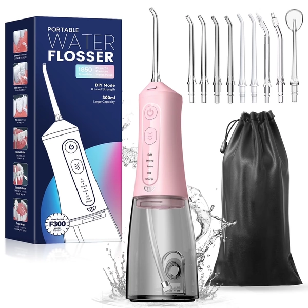 JTF Cordless Water Flosser Dental Teeth Cleaner with 9 Jet Tips, DIY Mode 300ML Tank IPX7 Waterproof Portable Rechargeable Water Flosser Dental Oral Irrigator for Home and Travel, Pink