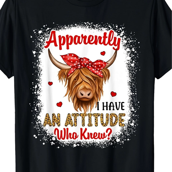 Retro Highland Cow TShirt Bleached Scottish Cow Graphic Tee with Apparently I Have an Attitude Slogan Casual Round Neck Shirt Suitable for YearRound Wear Machine Washable Apparel for Scot