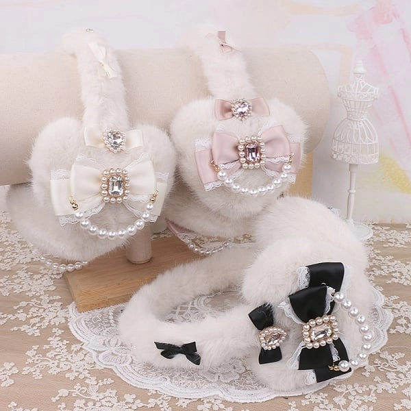 [$23.00]3 Color Options Jirai Kei Bowknot Rhinestone Pearl Plush Earmuffs