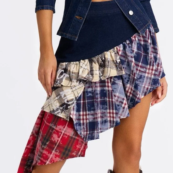 Fashion Nova Women's Caught Up Denim Tiered Plaid Midi Skirt