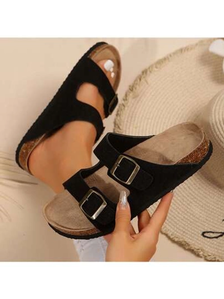Women's Comfort Straps Adjustable Buckle Slip On Sandals Slide Cork Footbed Sandals