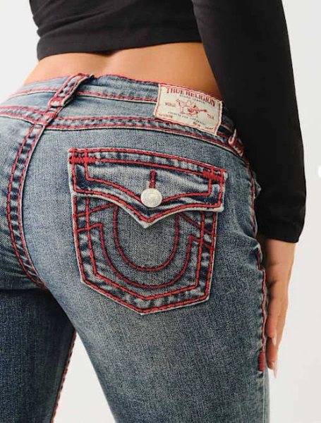 True Religion Women's Billie Super T Mid Rise Straight Flap Jeans