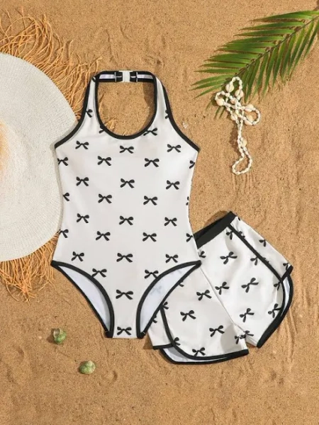 SHEIN Girls' Classic Halter Sleeveless One-Piece Swimsuit