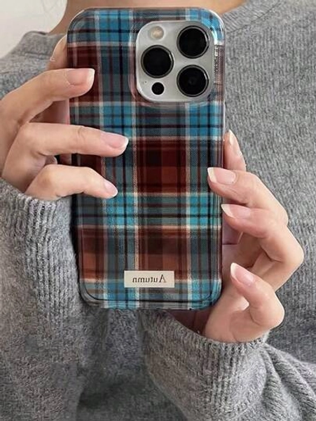 Korean Ins Niche Fine Sand Blue & Brown Plaid Phone Case Compatible With IPhone 16 Pro Max, Apple 15, Soft Shell 14 New 15 Pro, Full Coverage 13 Pro Max, Anti-Fall Protective Cover
