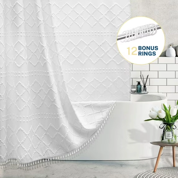 Siiluminisoy White Boho Shower Curtains With Tassels,Heavy-Duty Mold/Mildew-Resistant,Water-Repellent, Machine-Washable,Tufted Chevron Striped Textured Design,72 x 72
