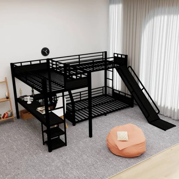 Latitude Run Twin XL Over Queen Bunk Bed with Slide and Twin XL Loft Bed with Desk