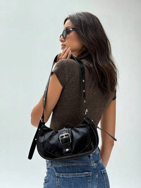 Aloruh Vintage All-Match PU Leather Women Shoulder Bag With Belt Decor, Zipper Closure Bag Style, Retro Inspired Vintage Bag For Women