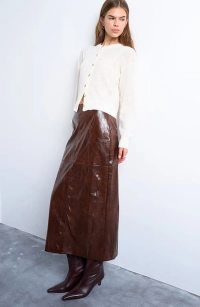 Topshop Faux Leather Midi Skirt in Brown at Nordstrom, Size 4 Us