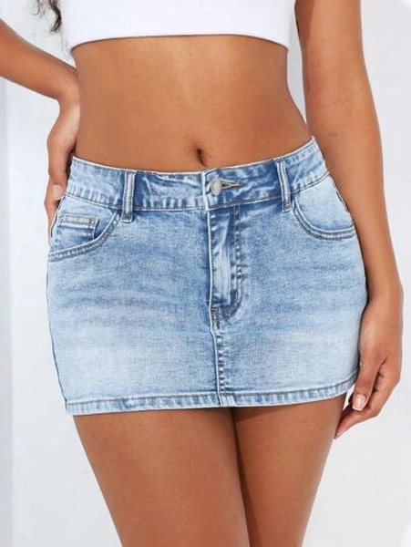 SHEIN EZwear Sexy Washed Bodycon Mini Denim Skirt