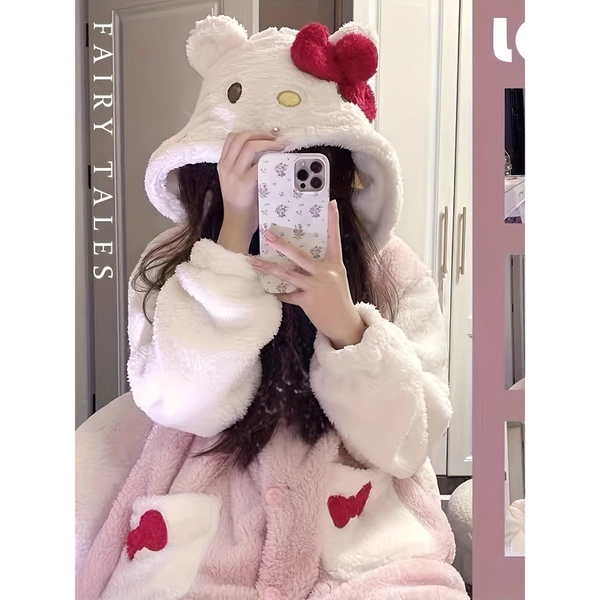 1pc Sanrio Official Hello Kitty Women's Plush Pajama Dress - Hooded Ears & Tail (No Pants) One-Piece Sleepwear, Pink & White Anime Costume for & Women, All-Season Cozy Homewear