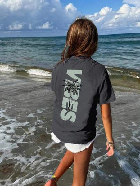 A Casual Printed Round Neck Pullover Short Sleeved T-Shirt For Girls And Young Children In Summer - Beach Coconut Tree Colorful T-Shirt Will Bring Joy And Happiness To Every Child! Kids Clothes Girls Graphic Tees Summer Tops Tween Girl Clothes