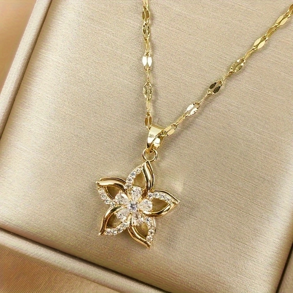 1pc Golden Stainless Steel Rotating Hollow Flower Pendant Necklace, Men&Apos;S Retro Versatile Necklace, for Daily Party Wear, Father&Apos;S Day Gift, for Women
