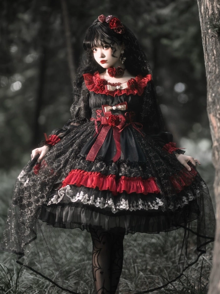 Night of Berea - Gothic Lolita OP Black and Red Lolita Dress