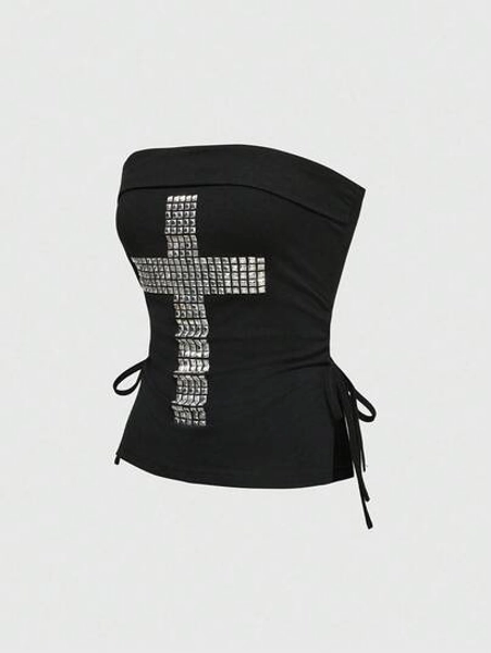 ROMWE J-Fashion Y2K Cross Studded Rhinestone Decor Black Cropped Strapless Drawstring Slit Hem Women Top
