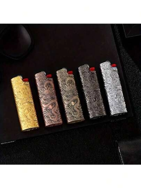 1pc Coiled Dragon 3D Embossed Lighter Case, Pixiu 3D Embossed Lighter Case, Suitable For BIC J6 Full Size Lighters - Fashionable Durable Explosion-Proof Metal Lighter Case, Windproof Minimalist Retro Durable