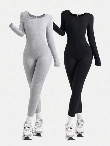 2pcs/Set Tween Girls Casual Basic Sports Street Yoga Square Neck Long Sleeve Jumpsuit Chic Outfits For Autumn/Winter Fall