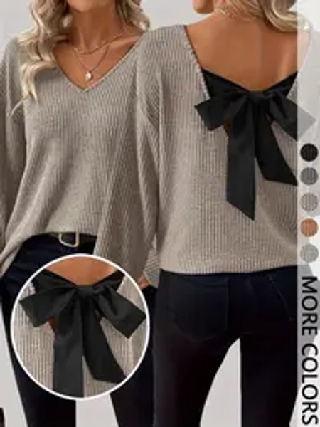 Women's Fashion Casual V-Neck Long Sleeve T-Shirt with Bow Decoration on the Back