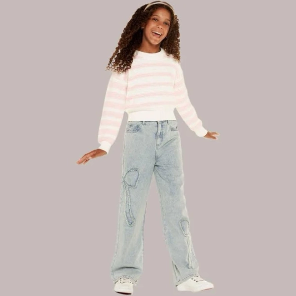 Tween Diva Girls' Striped Sweater & Bow Jeans Set