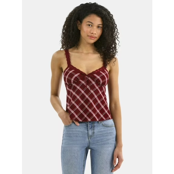 No Boundaries Woven Lace Plaid Cami, Women’s