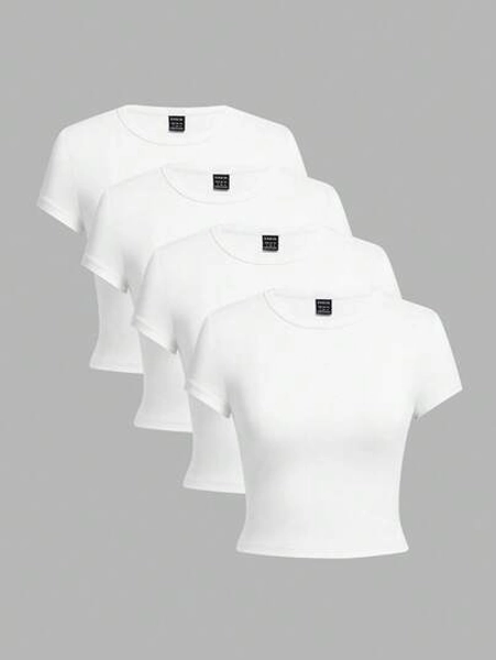 SHEIN EZwear 4pcs/Set White Casual Round Neck Raglan Short Sleeve Fitted Women T-Shirts, Suitable For Summer