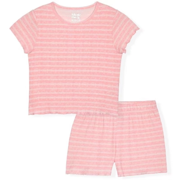 Sleep On It Girls 2-Piece Short Sleeve Pajama Shorts Set – Ribbed Milky Jersey or Pointelle Knit - Pink Stripe , 10-12