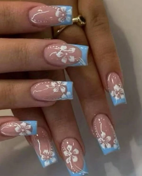 Short Square 24Pcs Hibiscus Flower Nails Design Light Blue French Acrylic Press On Nails Short Perfect Fit Fake Nail Set, Include :1Pc Jelly Glue And