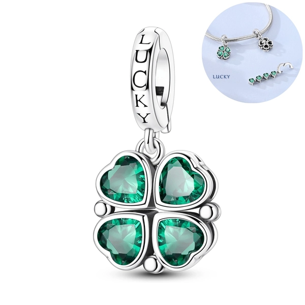 1pc Colgante de Trébol de Cuatro Hojas de la Suerte Plateado | Zirconio Sintético Cúbico Verde Brillante, Tema de Moda, Base de Cobre, Cuenta para Hacer Joyas para Regalo de Cumpleaños para Mujeres y Niñas