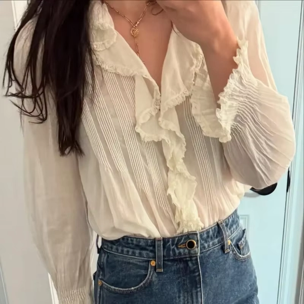 Women 2025 Summer New Romantic Accordion Pleated Lotus Collar Cotton Shirt - AliExpress 