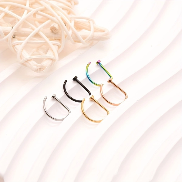 5-piece Non-Piercing Nose Rings, Fashionable Punk Hip-Hop Style Stainless Steel Nose Clips, Body Jewelry Accessories, Faux Hoop Nose Ring Set In Assorted Colors