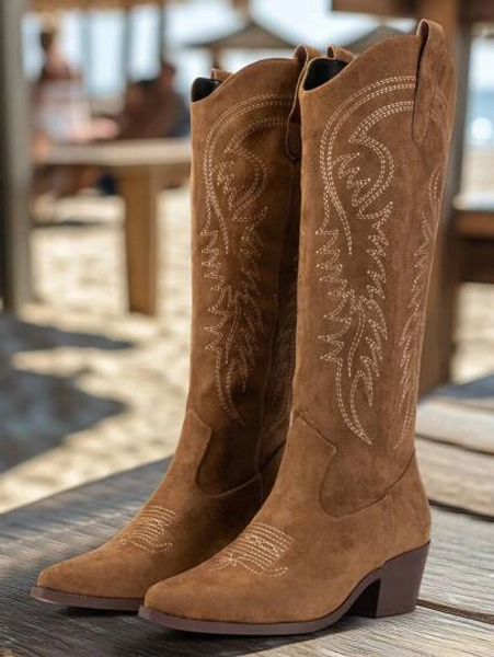 Nuovi stivali vintage ricamati, stivali western casual, stivali con tacco spesso antiscivolo a metà polpaccio, comodi e versatili stivali da equitazione alla caviglia per autunno/inverno, stivali da cowboy