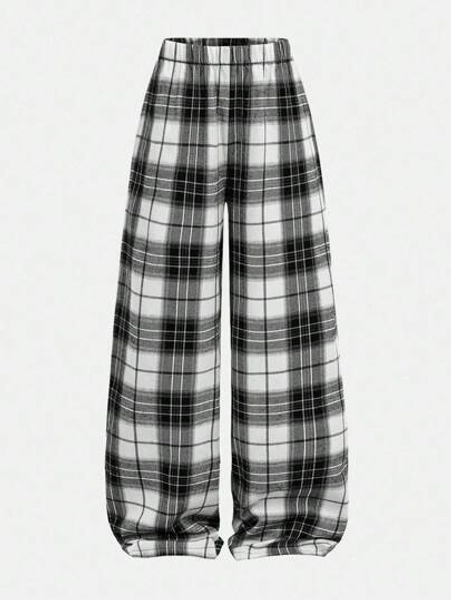 Girlism Teen Girls Pants Plaid Daily Wear Microfleece Football/Soccer Black And White Sportswear Wide Leg Pants/Back To School,Fall,Winter/Y2k,Halloween Plaid Pants Checkered Pants Black And White Plaid Pants Loose Pants Wide Leg Plaid Pants Loose Plaid Pants